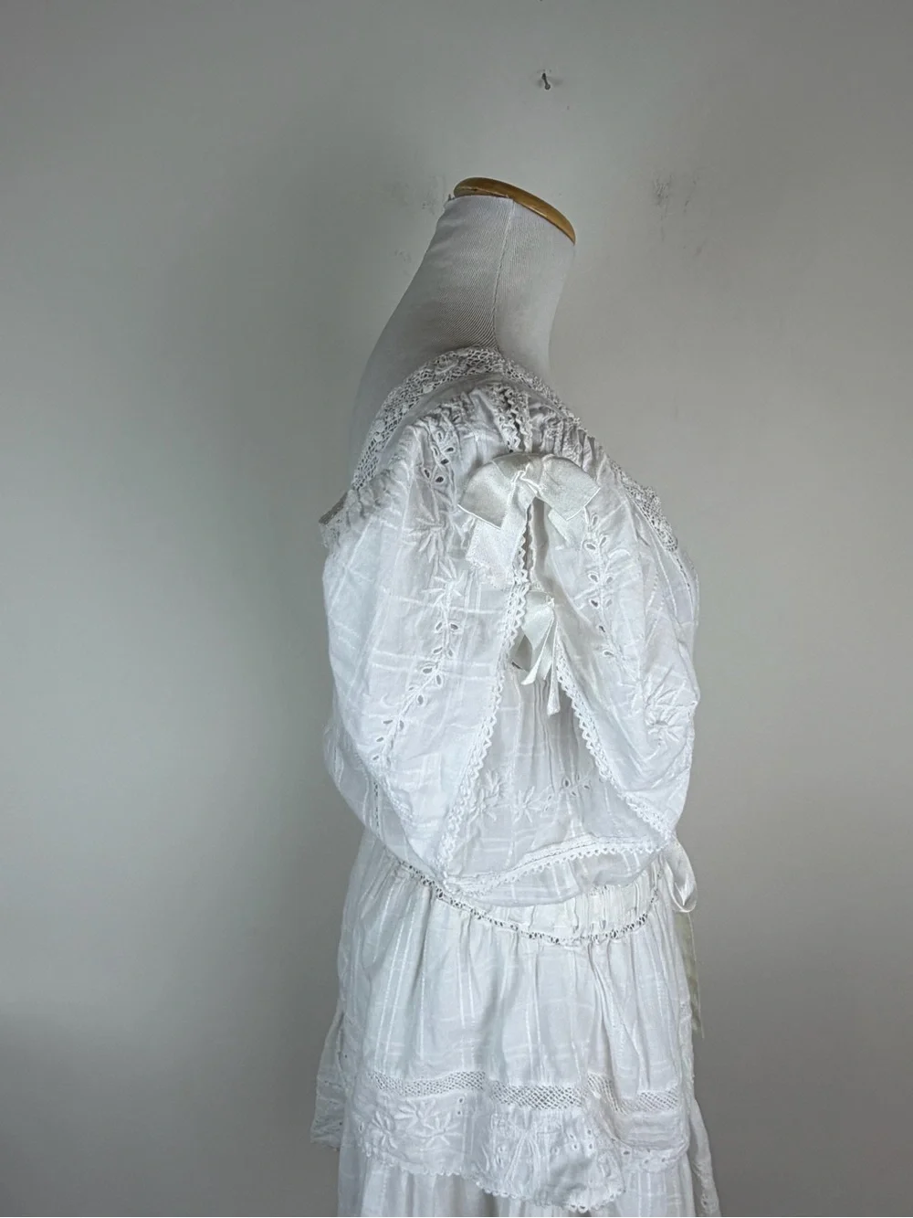 LOVESHACKFANCY Dorothy Dress White Lace Embroidered Bows Size M
